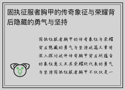 固执征服者胸甲的传奇象征与荣耀背后隐藏的勇气与坚持
