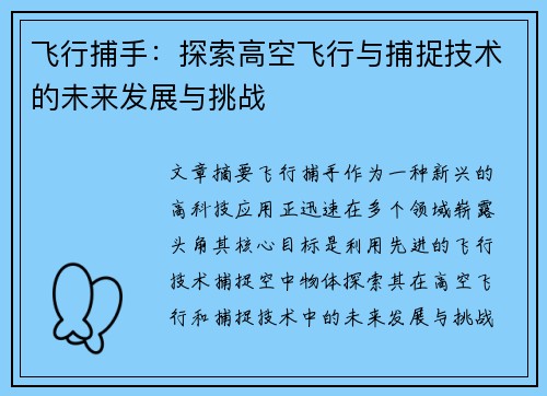 飞行捕手：探索高空飞行与捕捉技术的未来发展与挑战